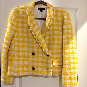 Ann Taylor cropped checked tweed fringe blazer